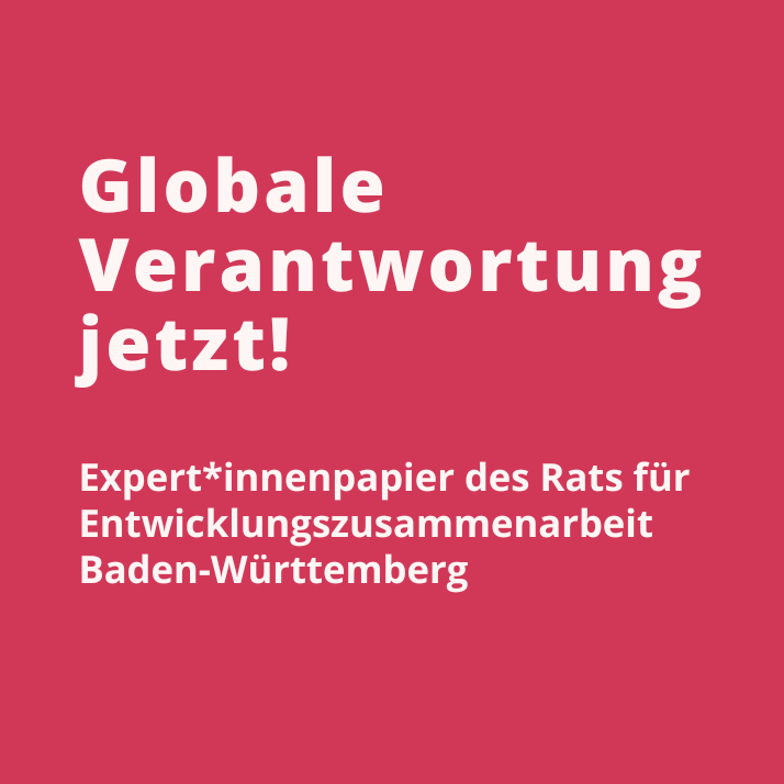 Das Bild zeigt den Text "Globale Verantwortung jetzt! Expert*innenpapier des Rats für Entwicklungszusammenarbeit Baden-Württemberg"